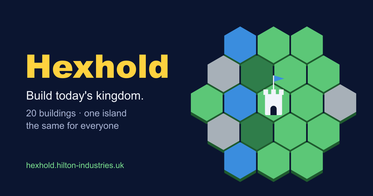 A honeycomb island of green, blue and grey hexes with a castle tower.
